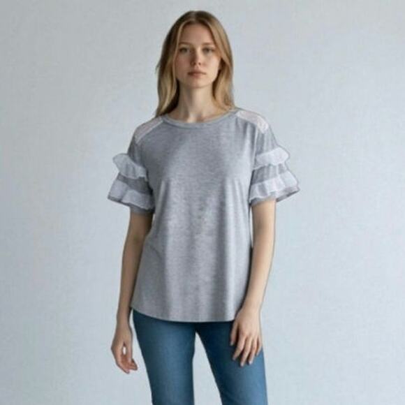 XL Grey Gray Mesh Ruffle Blouse - Picture 1 of 7